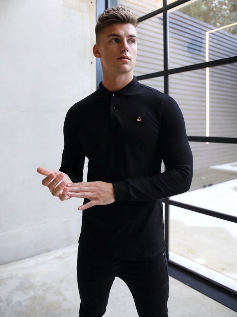 Blakely Harrow Long-Sleeve Polo Shirt Black | 312-HOKFYJ