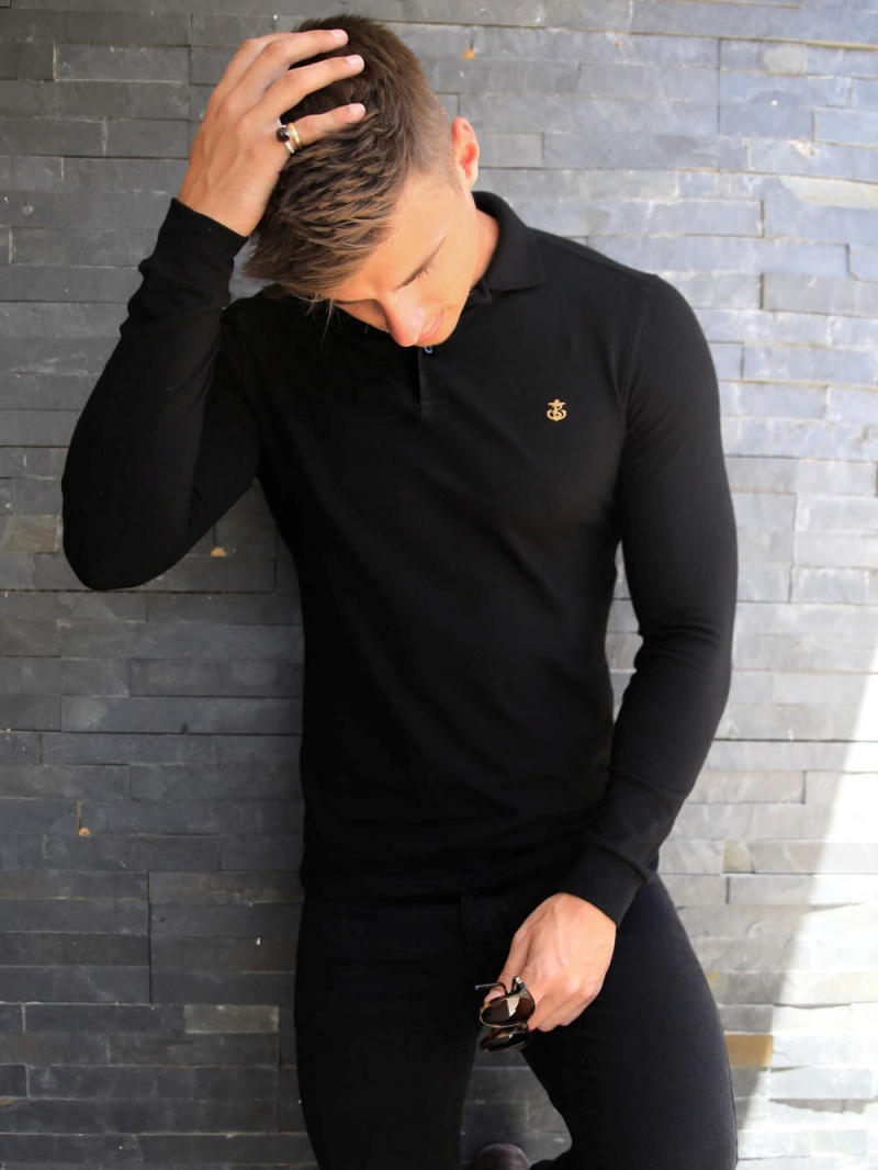 Blakely Harrow Long-Sleeve Polo Shirt Black | 312-HOKFYJ