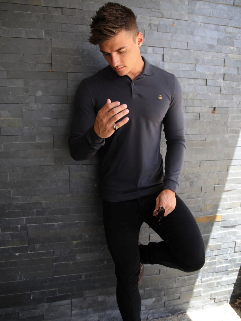 Blakely Harrow Long-Sleeve Polo Shirt Charcoal | 210-LPRDMC