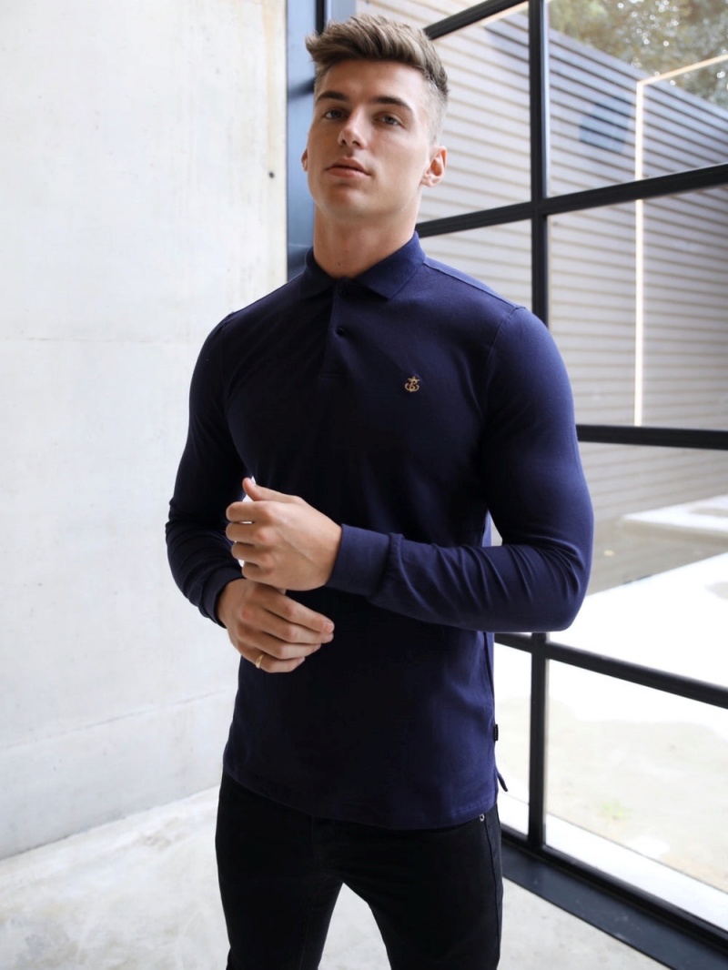 Blakely Harrow Long-Sleeve Polo Shirt Navy | 576-XYKWAZ