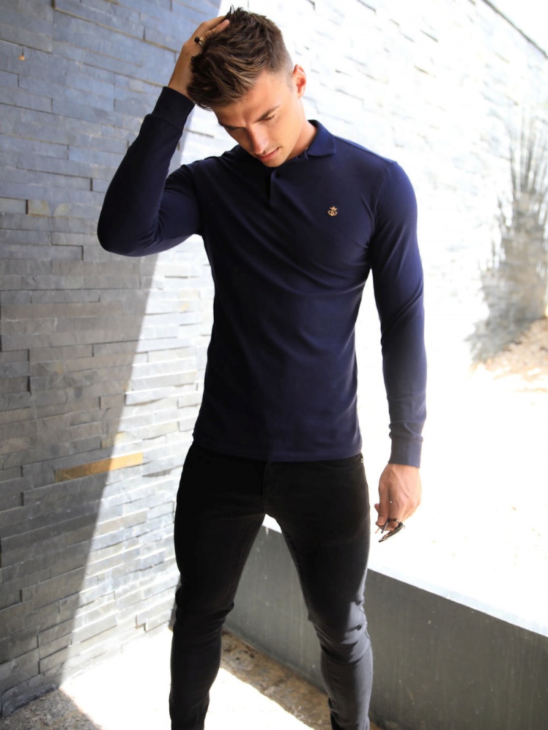 Blakely Harrow Long-Sleeve Polo Shirt Navy | 576-XYKWAZ