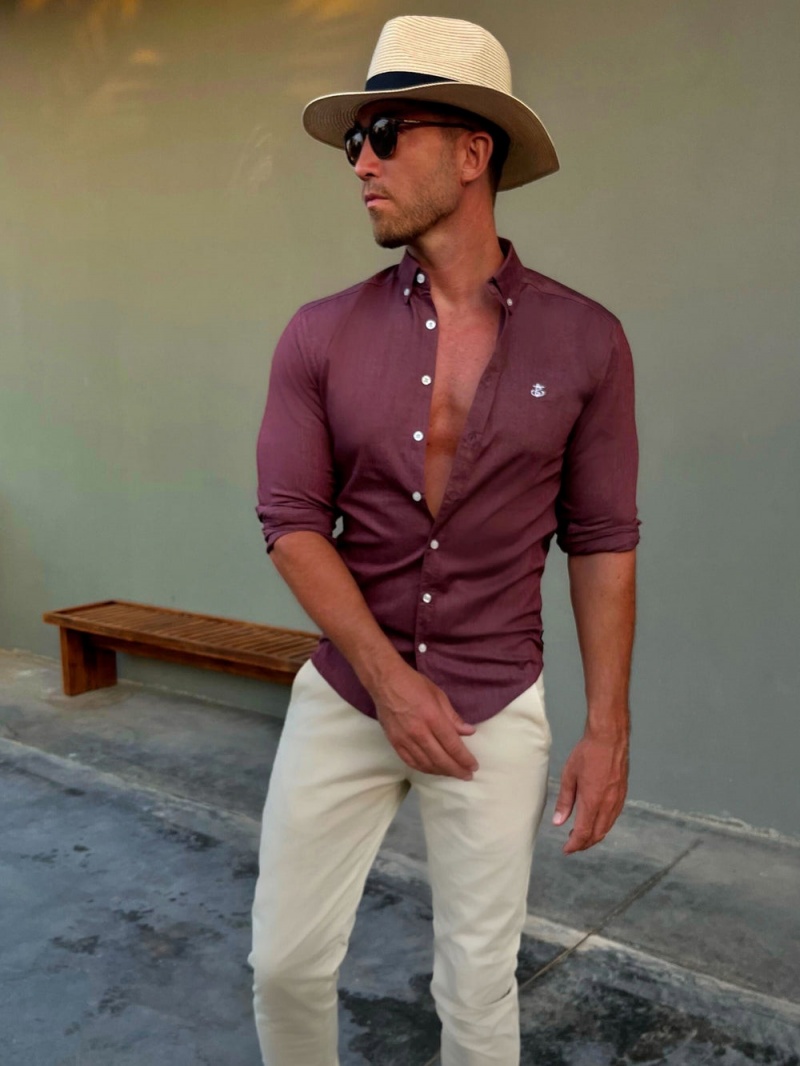 Blakely Maidstone Fitted Stretch Shirt Burgundy | 940-KHVZFO